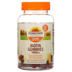 Biotina Gummies, de uva, laranja e cereja, 1.000mcg, 130 gomas, Sundowns