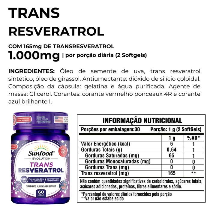 Trans-Resveratrol Sunfood 1000mg 60SoftGels - Imagem 2
